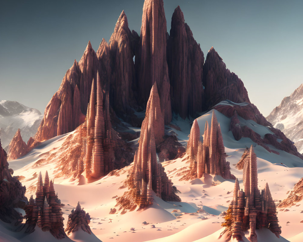 Dramatic red spires against sky gradient with snow and sand.