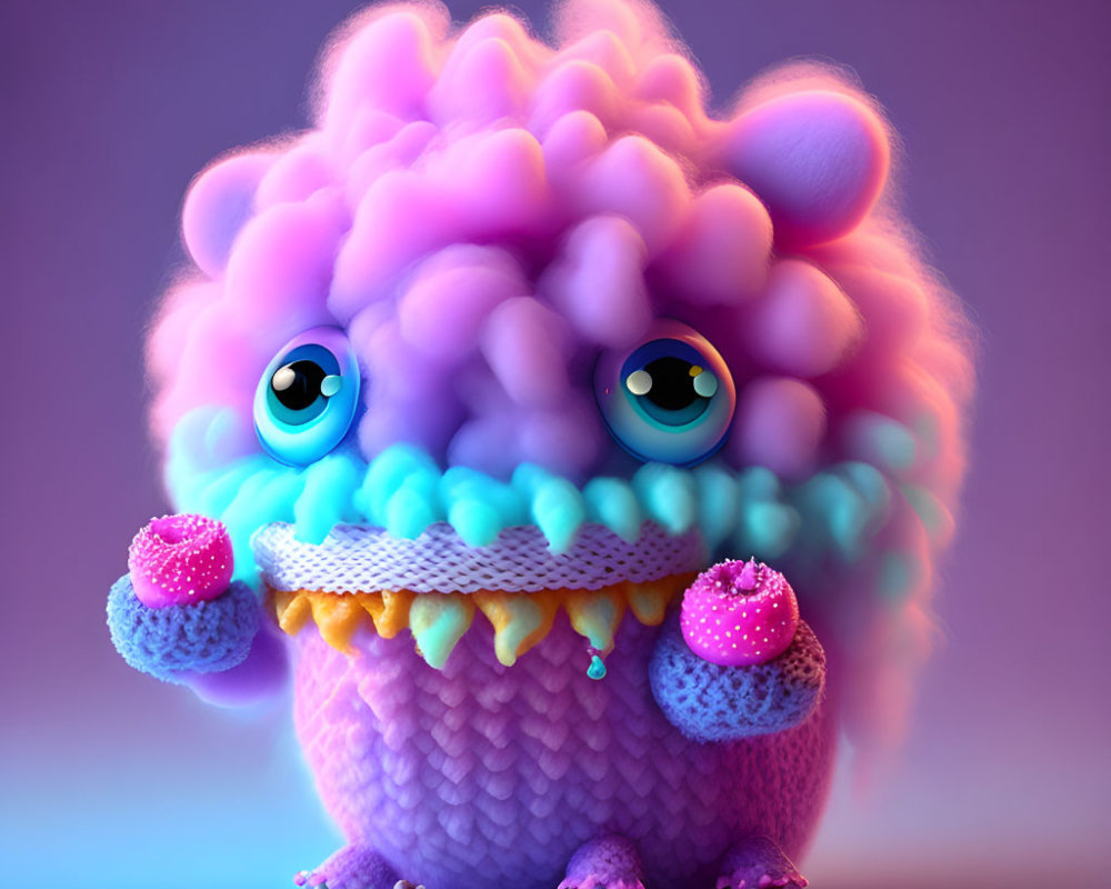 Pastel fur creature with large eyes, knit scarf, and ice-cream cone