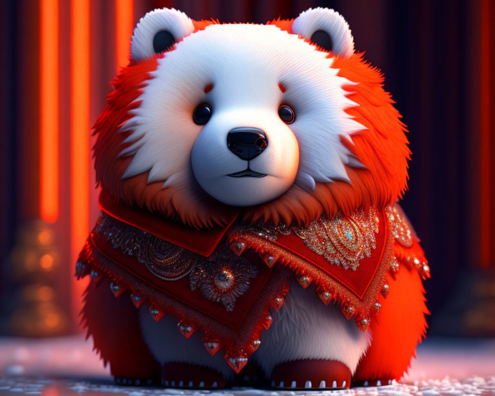 Stylized red and white panda with expressive eyes wearing ornate scarf on red curtain background