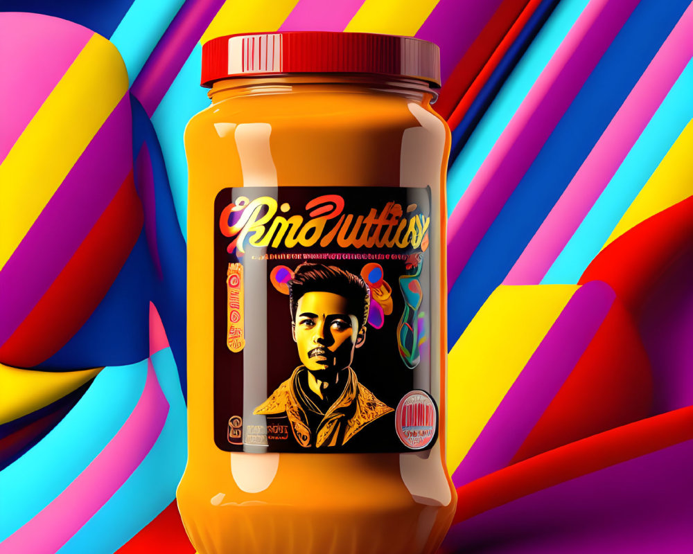 Colorful Jar Label with Stylized Male Portrait & Abstract Patterns