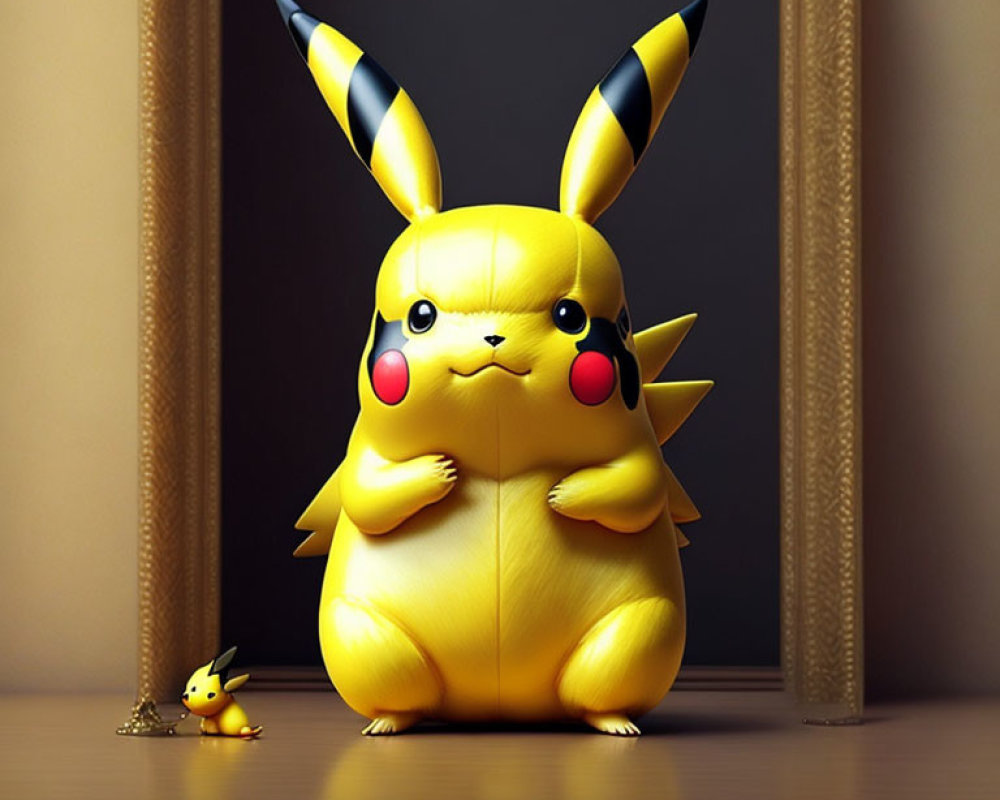 Large Pikachu Plush Toy with Small Figurine and Mirror in Wooden Frame