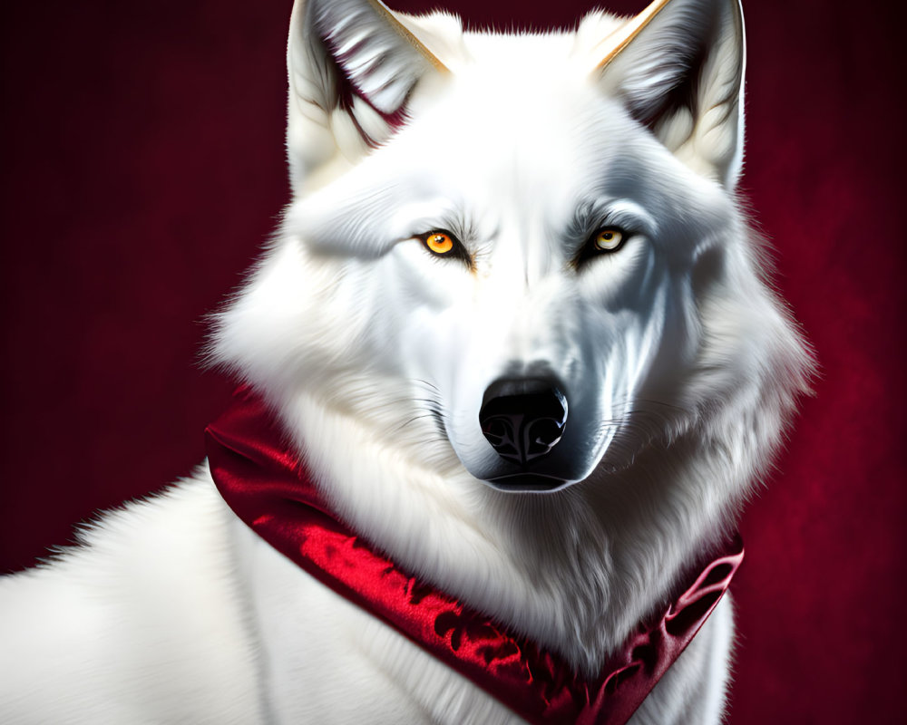 White wolf with yellow eyes and red bandana on red background