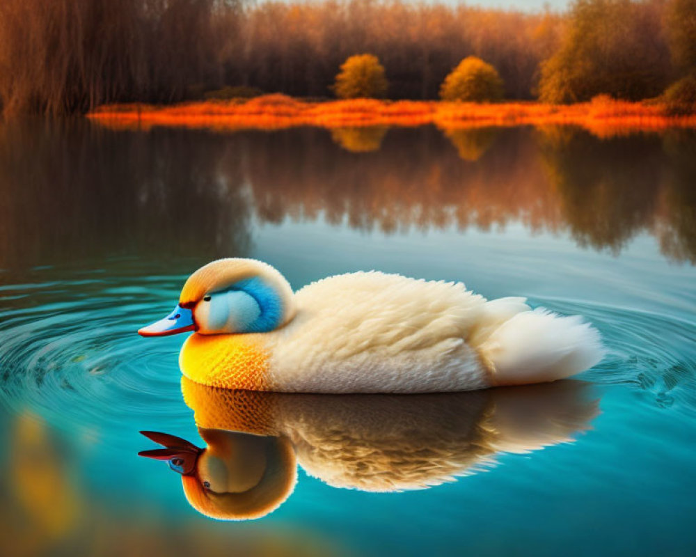 Tranquil swan on calm lake with autumn tree reflections