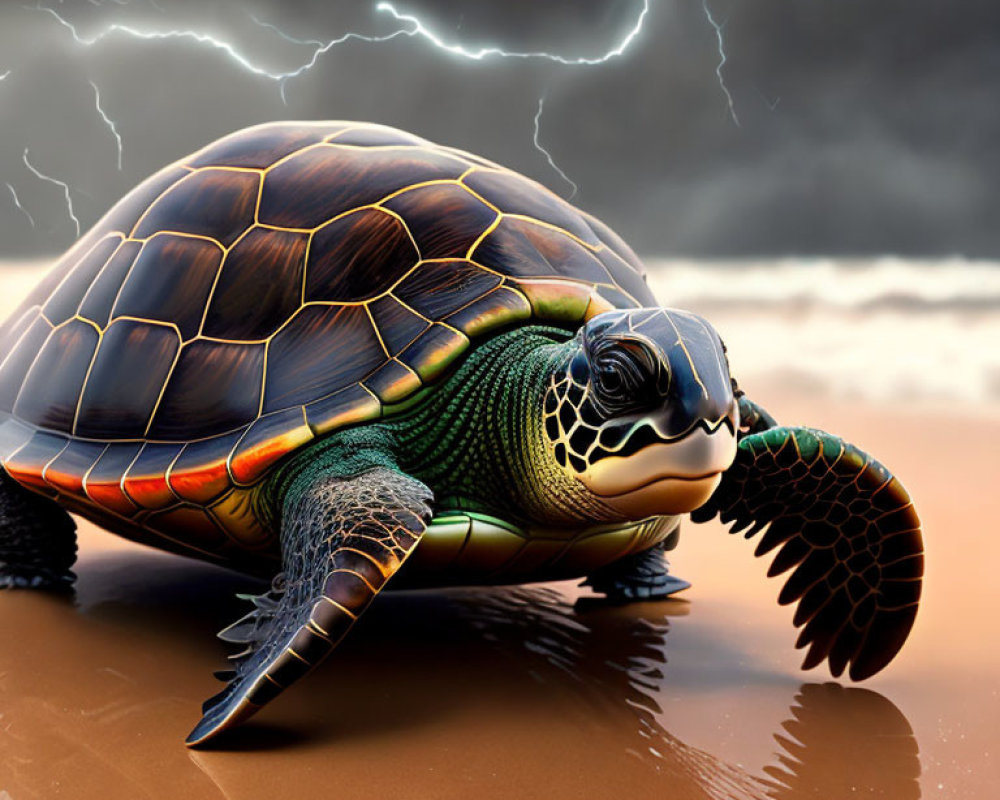 Digital illustration: Sea turtle on stormy beach with lightning reflected in sand