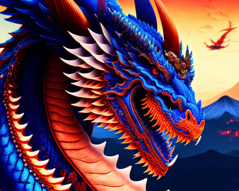 Detailed Mythical Dragon Artwork in Blue and Orange against Volcanic Landscape