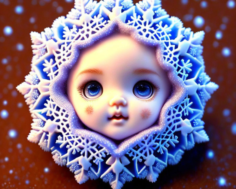 Surreal doll-like face with snowflake patterns on warm amber background