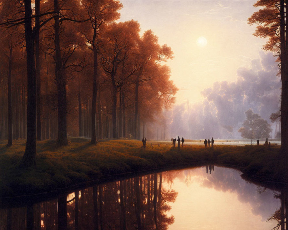 Tranquil landscape with reflective river, strolling people, and autumnal trees.