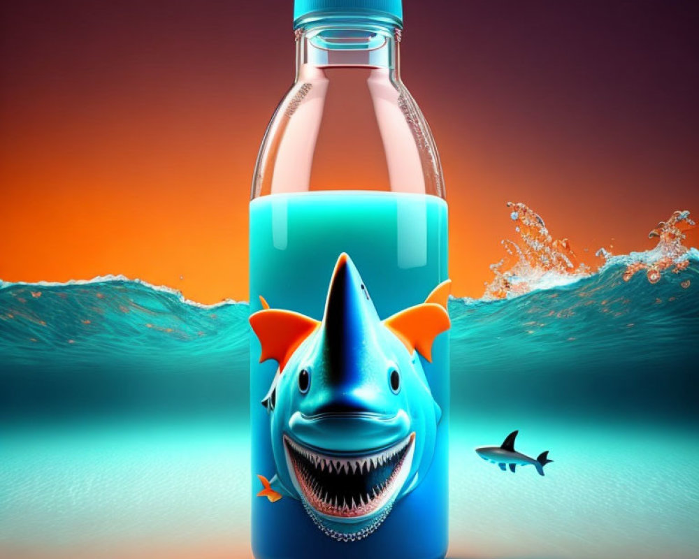 Colorful Shark-Themed Bottle Illustration on Ocean Sunset Background