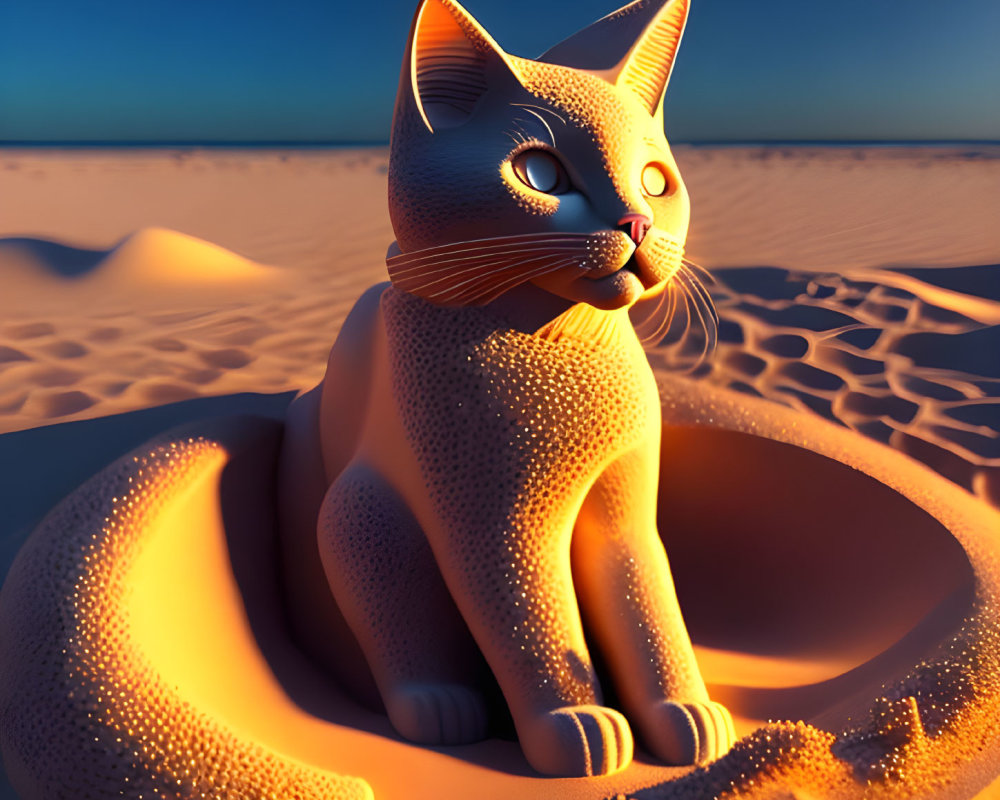 Stylized orange cat on desert sand dune at sunset