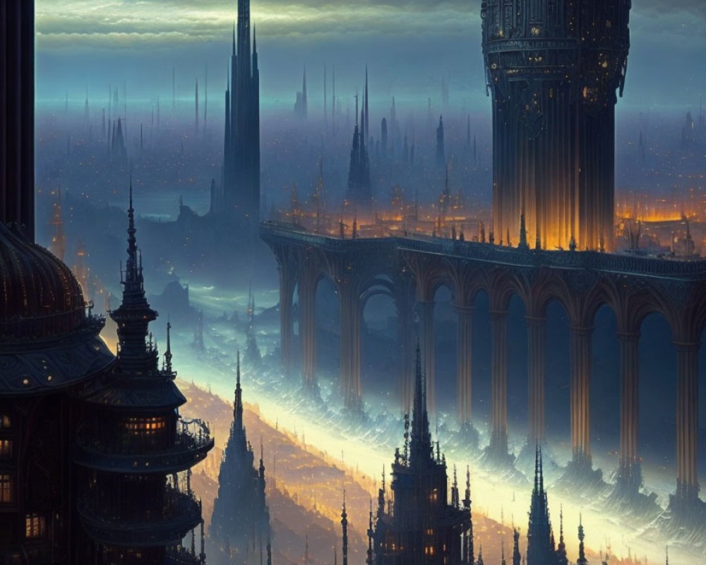 Fantastical cityscape at dusk with towering spires and illuminated windows