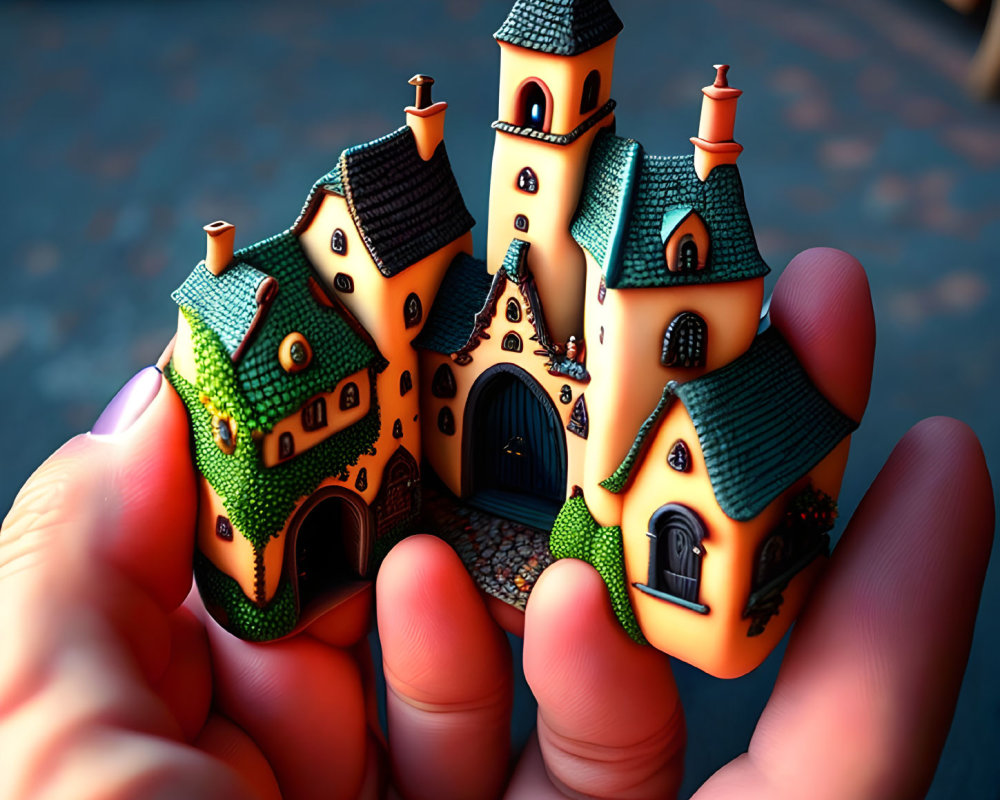 Miniature whimsical fairy tale house with green roofs on fingers.