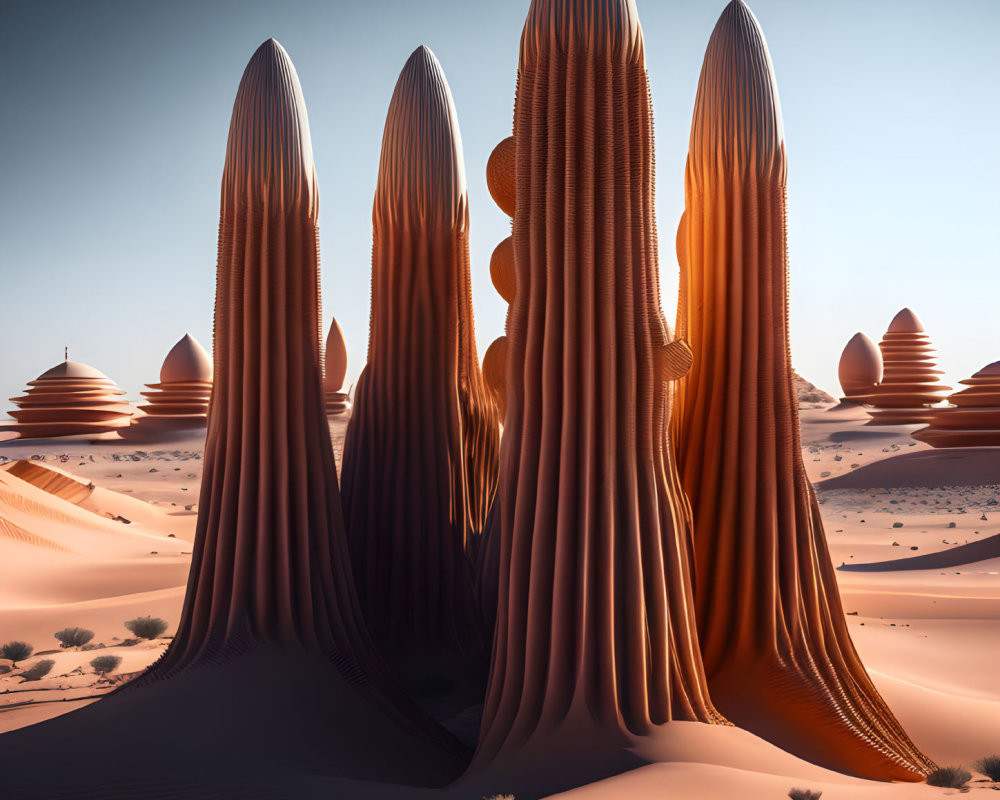 Surreal desert landscape with towering dune formations