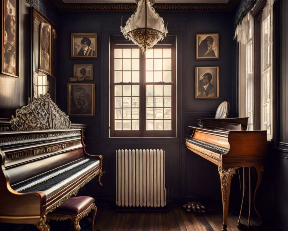 Classic Vintage Room with Dark Wood Paneling, Two Pianos, Chandelier, and Portraits