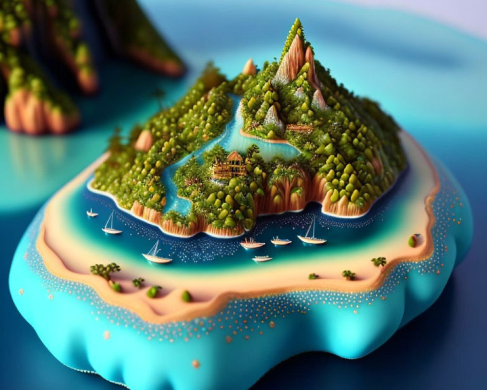 Miniature Island Cake with Greenery, Cliffs, Waterway, Boats, and Sandy Sh