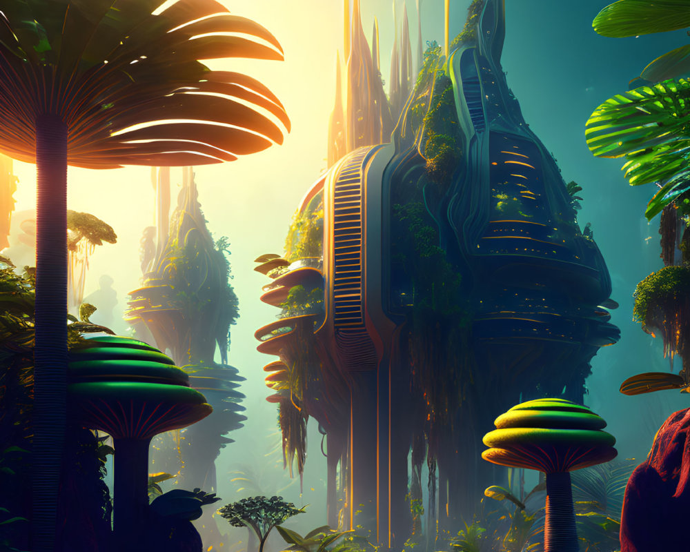 Futuristic cityscape blending with lush alien jungle scenery