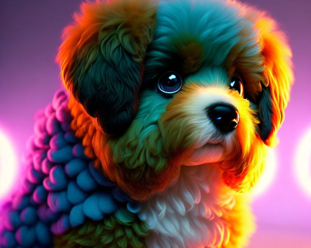 Whimsical fluffy dog illustration with vibrant, gradient fur