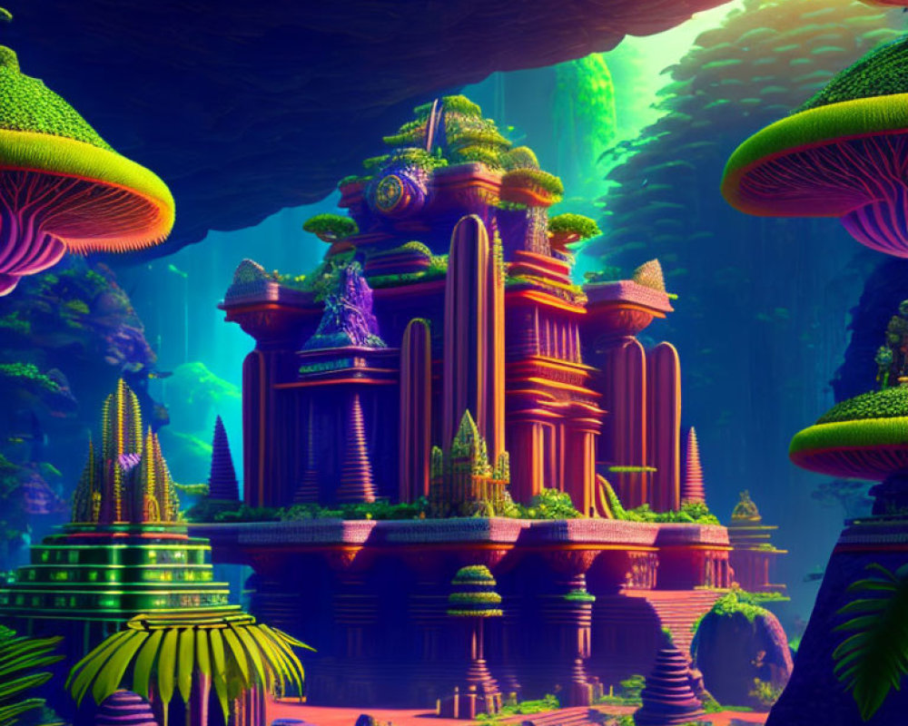 Fantastical landscape with towering mushrooms, reflective water & lush vegetation