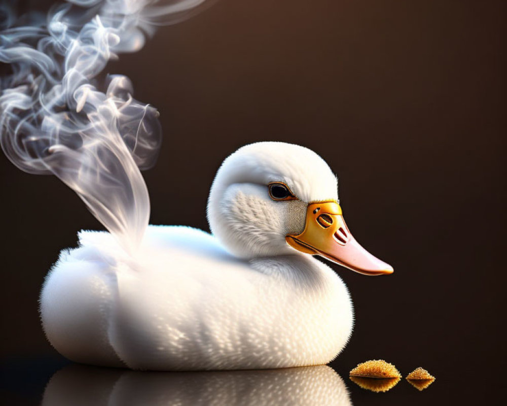 Stylized rubber duck with realistic body and steam, alongside three objects on reflective surface