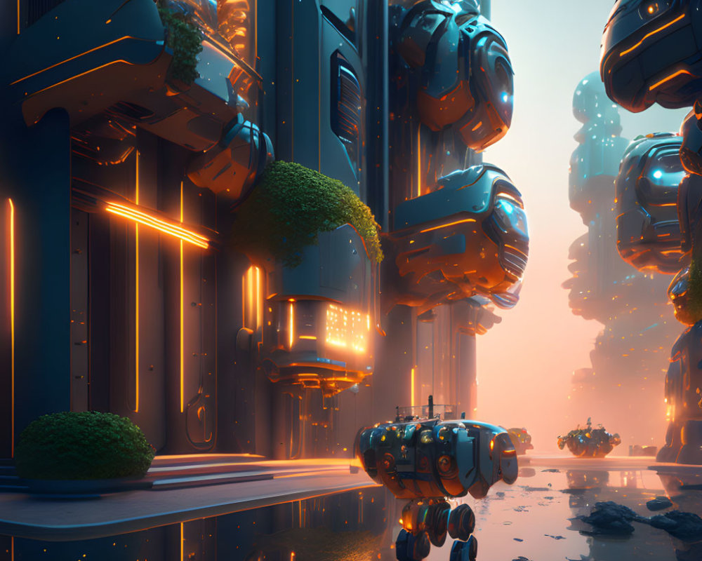 Futuristic cityscape with towering structures and floating vehicles illuminated by neon lights under a twilight sky.