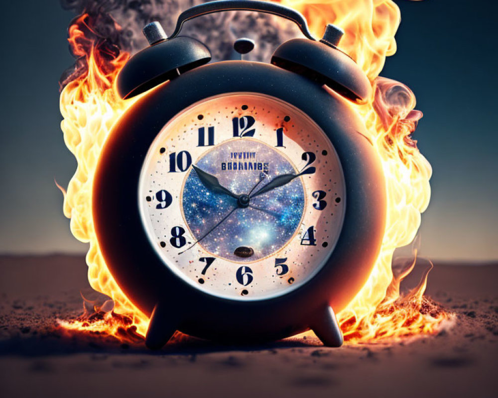 Flaming alarm clock on sandy background symbolizing urgency