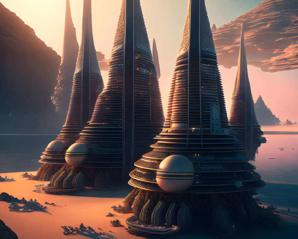 Futuristic spire-like towers under amber sky with rock formations