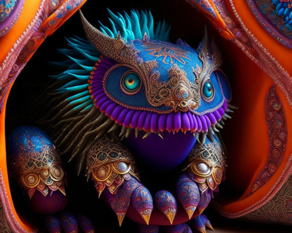 Blue Fantasy Creature with Large Eyes in Vivid Orange Environment