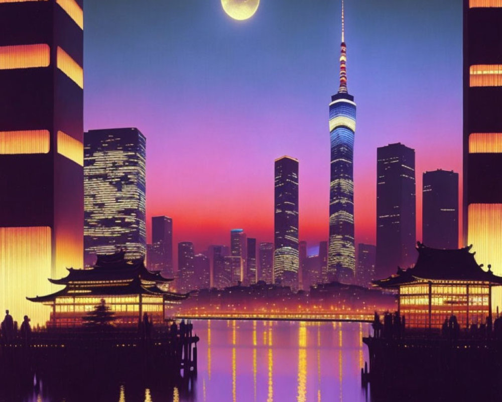 Cityscape at Dusk: Skyscrapers, Full Moon, Traditional Architecture, Reflective Water