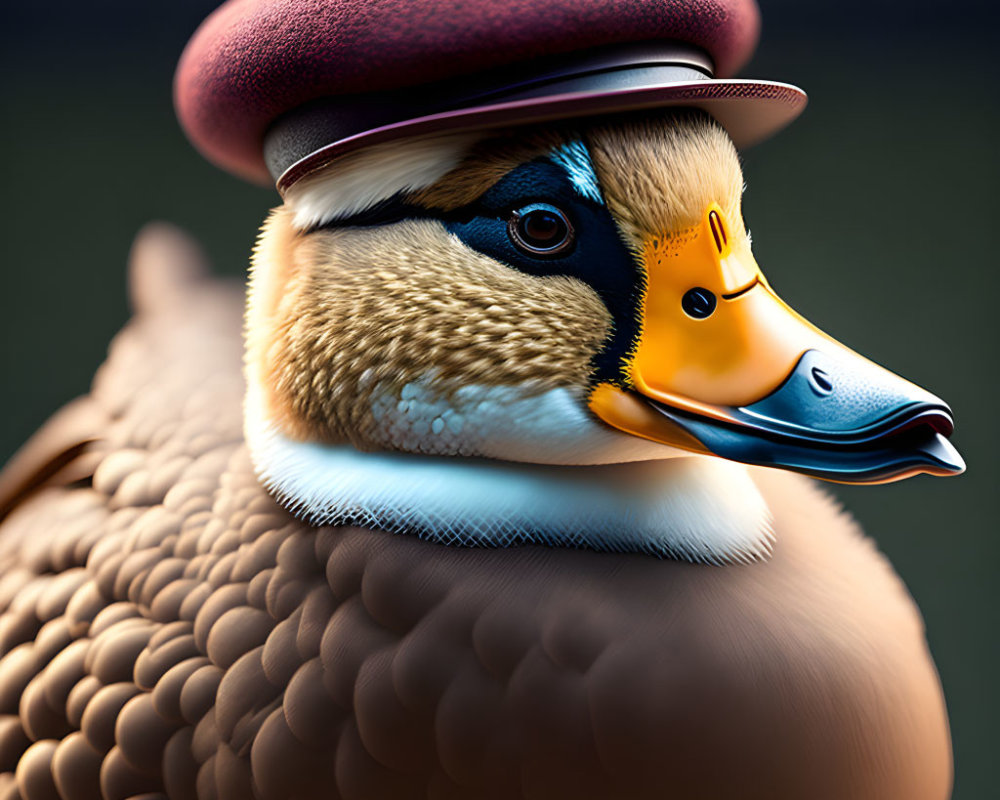 Unique Mallard Duck with Human-Like Face in Burgundy Beret