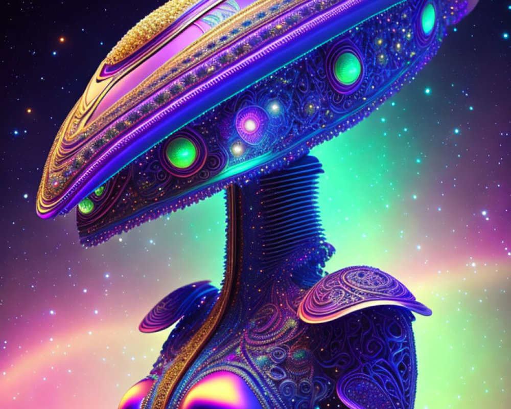 Colorful digital art: Futuristic alien creature with ornate disc-shaped head in cosmic backdrop