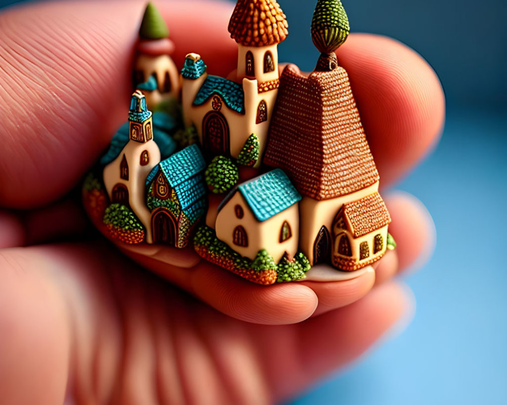 Detailed Clay Village Miniature in Hand Palm: Colorful Houses & Trees