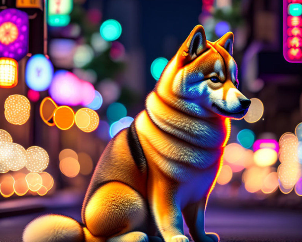 Shiba Inu dog sitting on city street at night with vibrant neon signs.