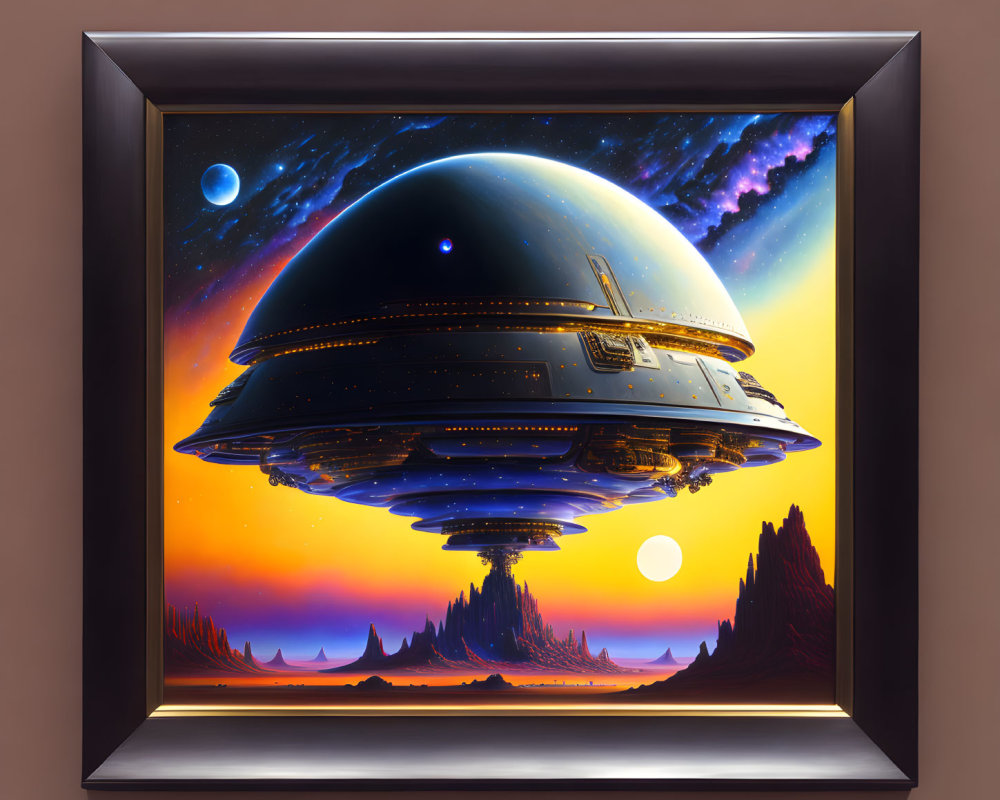 Framed digital artwork of futuristic city in hovering dome over alien landscape