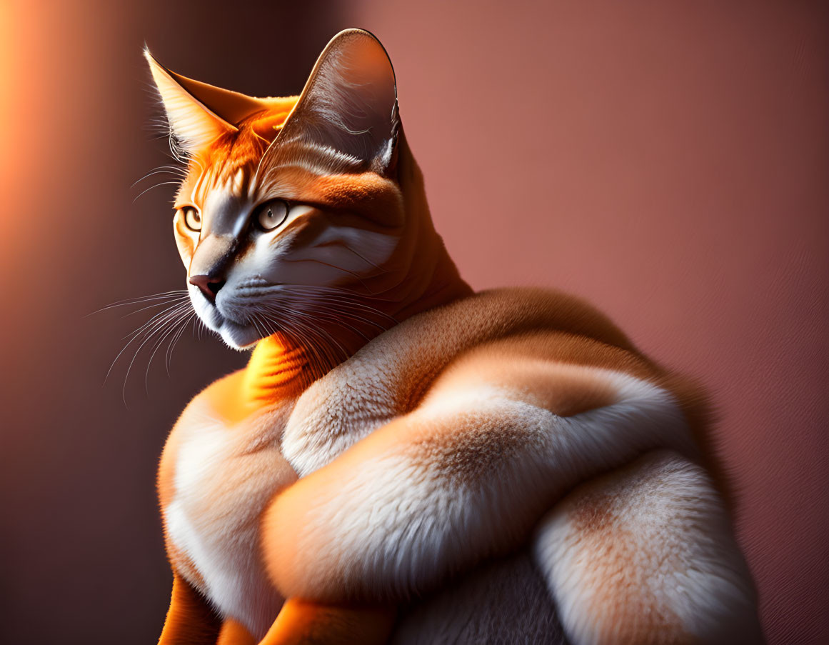 Muscular orange cat with contemplative expression on warm background