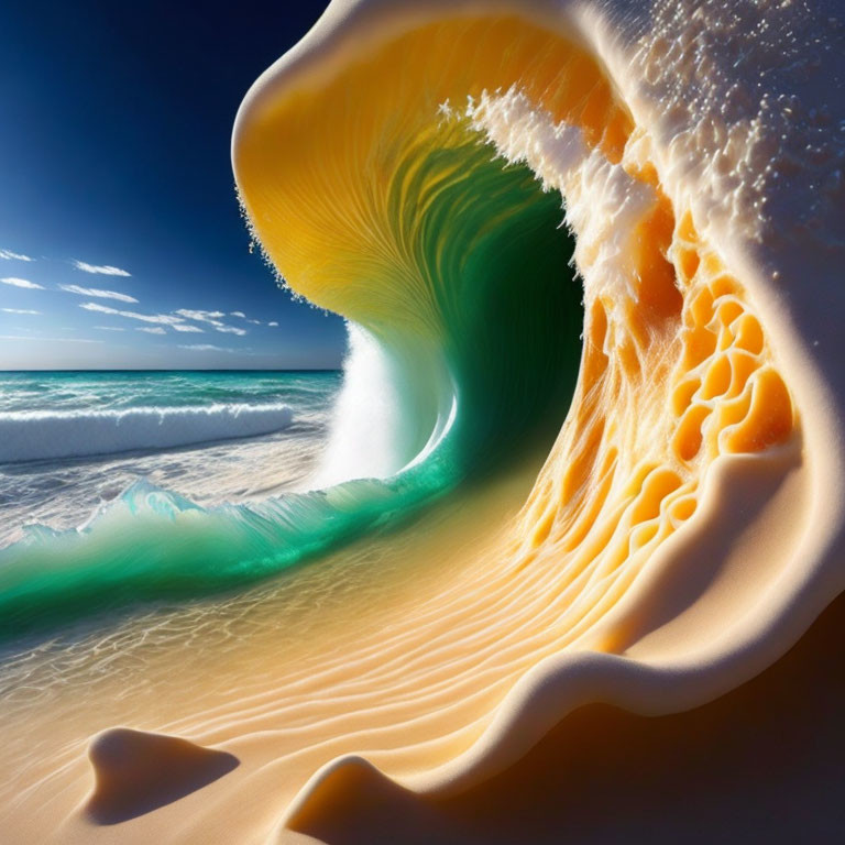 Colorful digital art of swirling wave against coastal sky