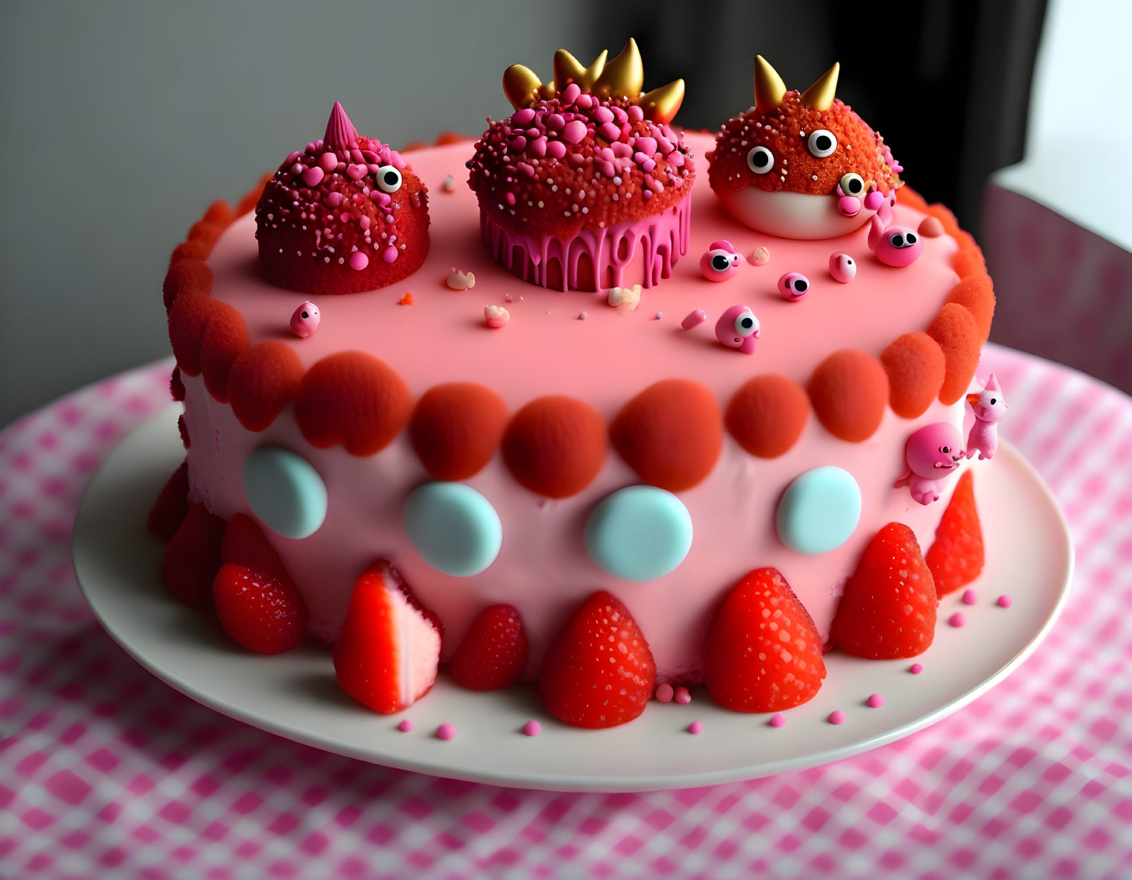 Colorful Strawberry Creature Cake with Fondant Decorations