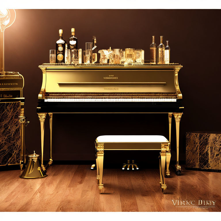 Black and Gold Piano with Matching Stool and Stylish Bar Setup