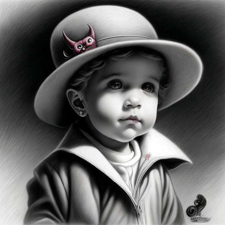 Black and white portrait of a child in hat with red devil figure, looking thoughtful