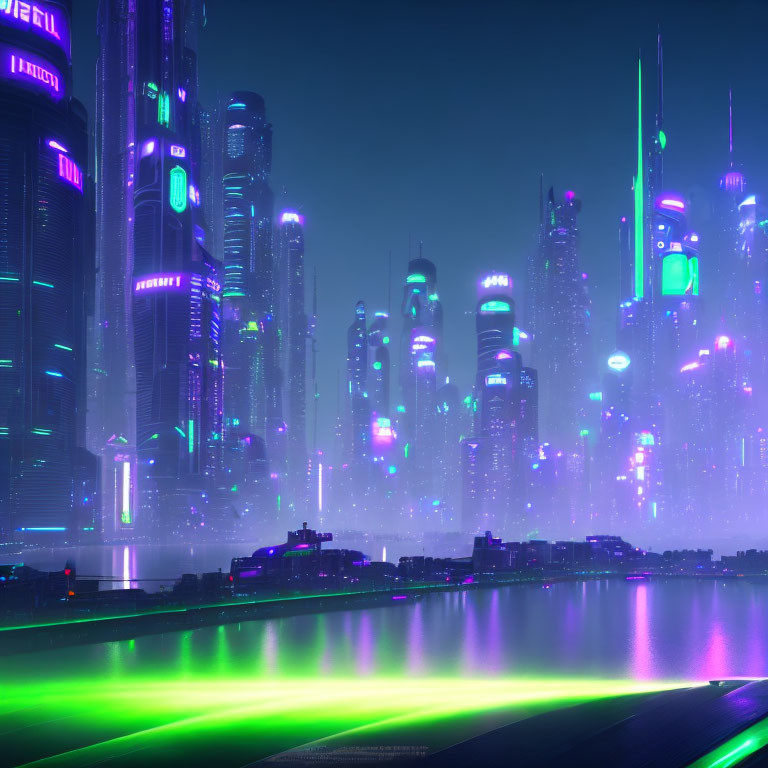 Futuristic night cityscape with neon lights and skyscrapers