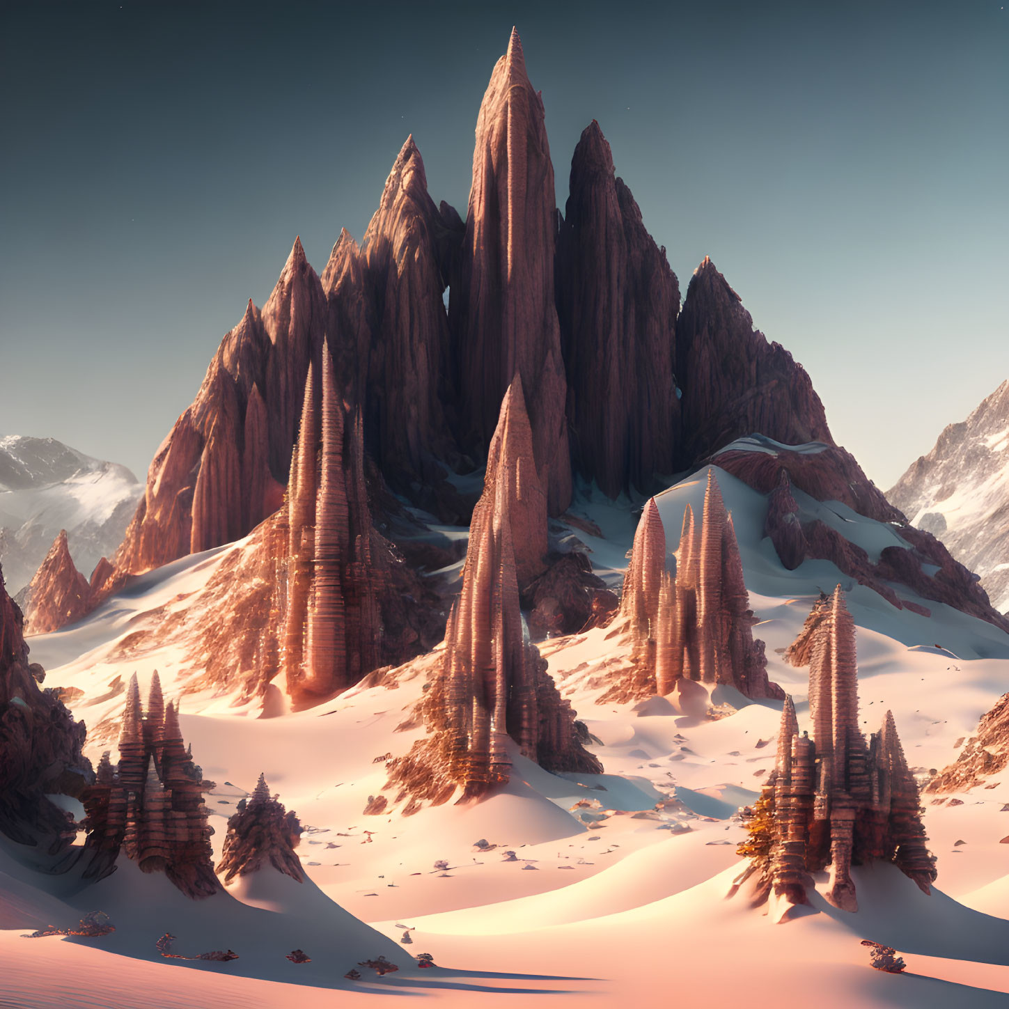 Dramatic red spires against sky gradient with snow and sand.