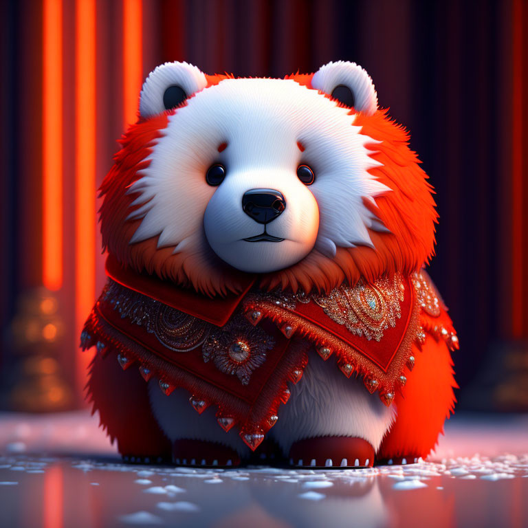 Stylized red and white panda with expressive eyes wearing ornate scarf on red curtain background