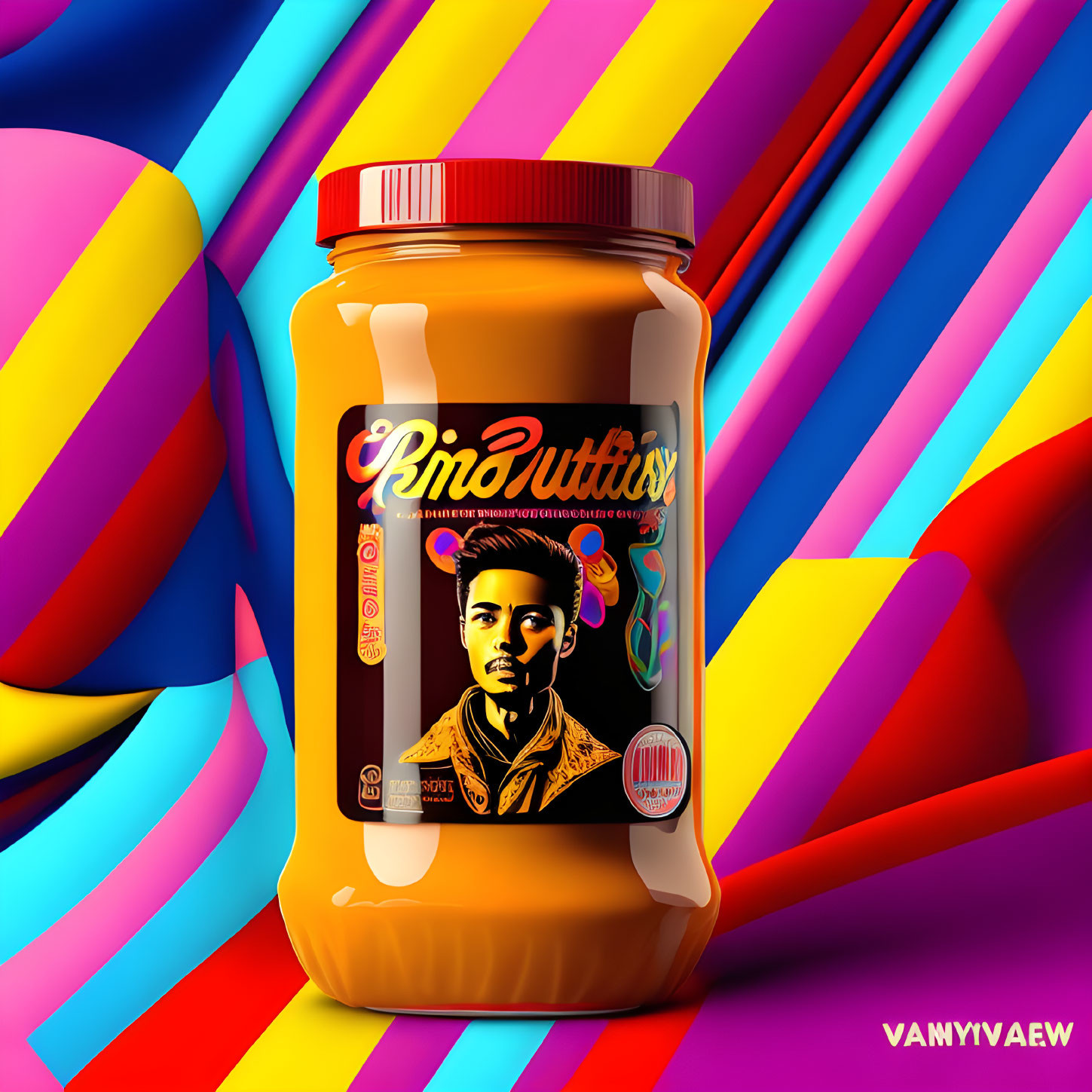 Colorful Jar Label with Stylized Male Portrait & Abstract Patterns