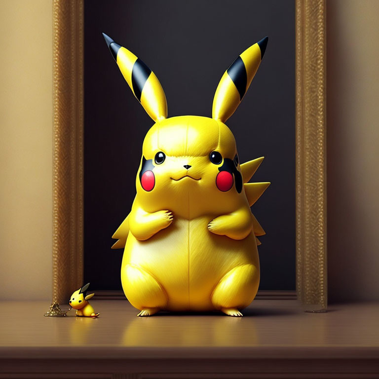 Large Pikachu Plush Toy with Small Figurine and Mirror in Wooden Frame