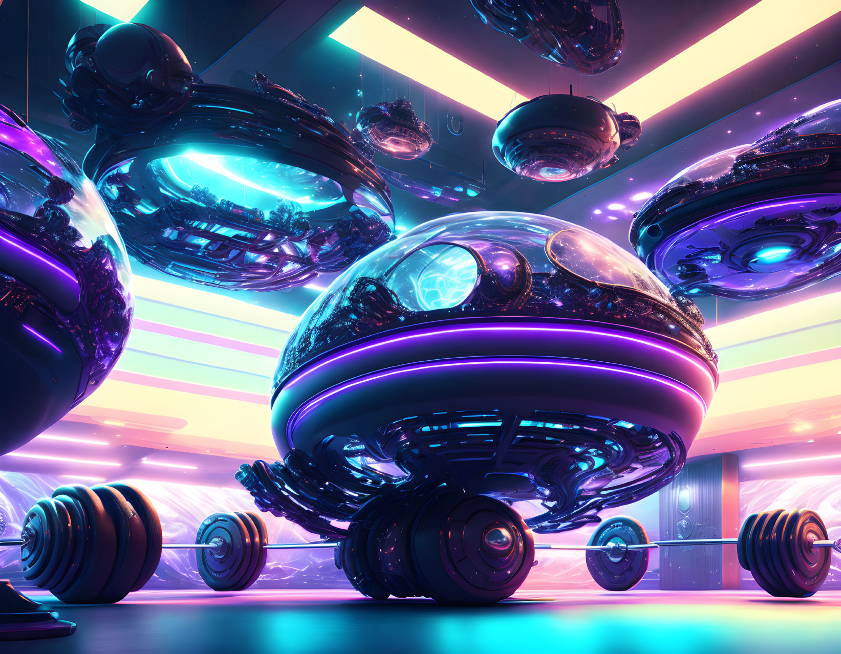 Futuristic Gym with Spherical Workout Stations and Neon Lights