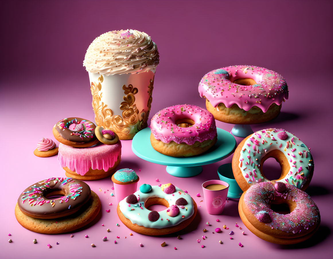 Colorful Iced Donuts, Cupcake, and Coffee Cup on Pink Background