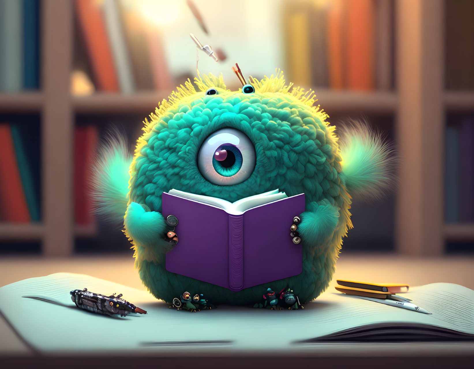 One-eyed monster reading book at desk with beetle and mechanical parts in library setting