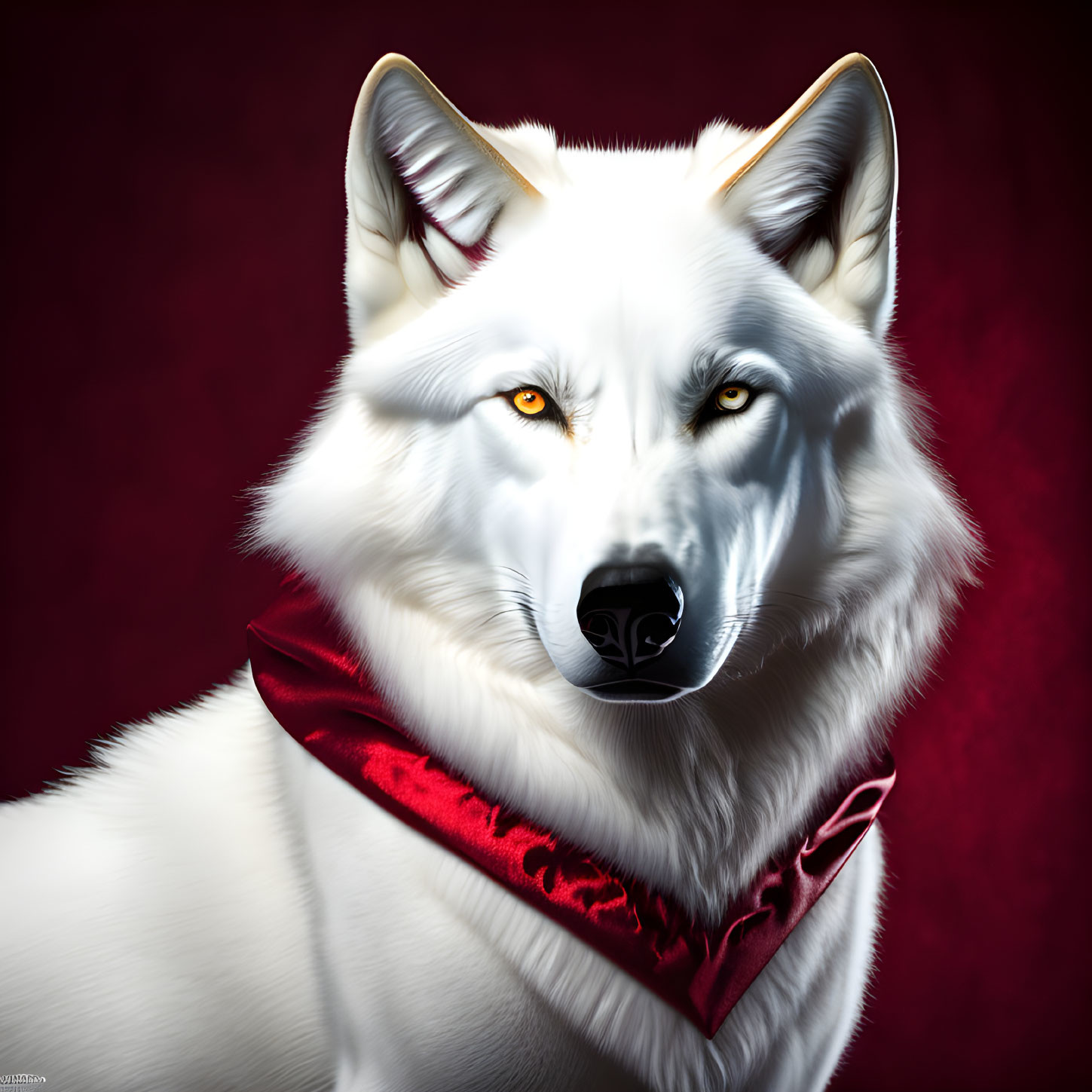 White wolf with yellow eyes and red bandana on red background