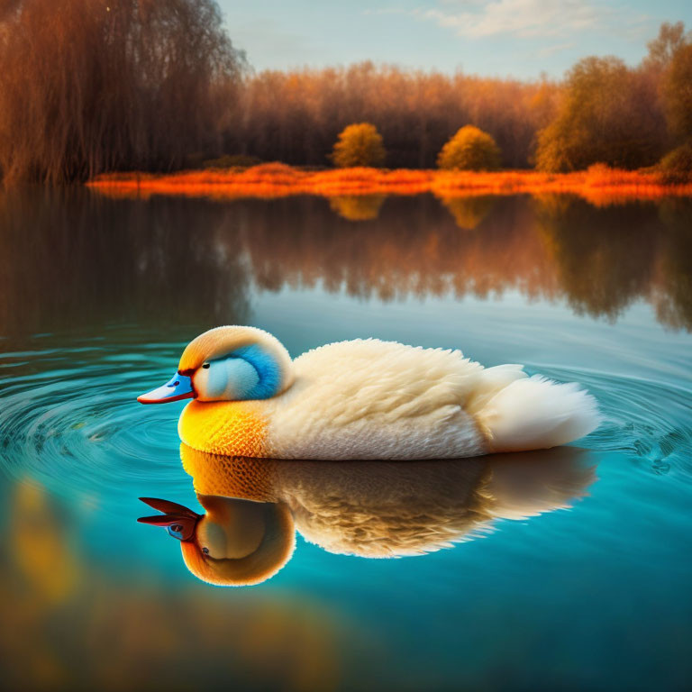 Tranquil swan on calm lake with autumn tree reflections