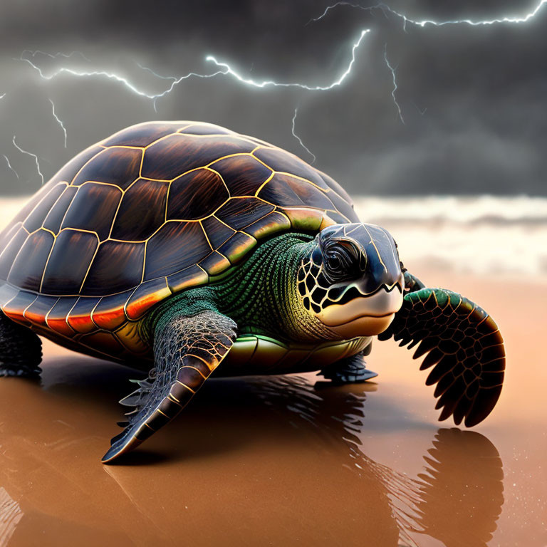 Digital illustration: Sea turtle on stormy beach with lightning reflected in sand