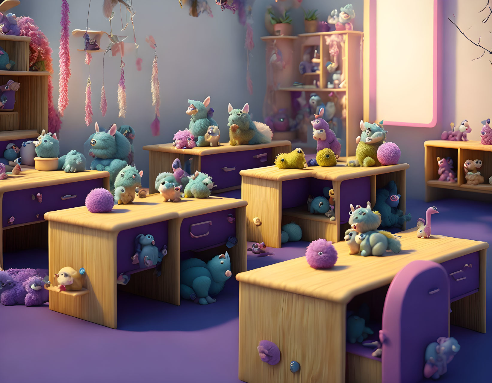 Whimsical Classroom with Cute Creatures and Toys in Purple Room