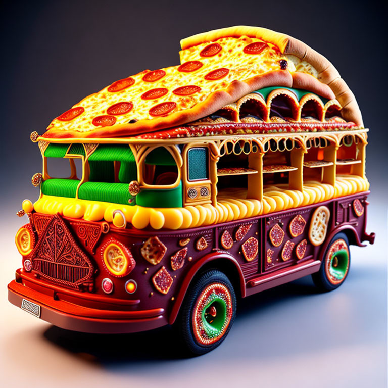 Colorful Double-Decker Bus Pizza Illustration